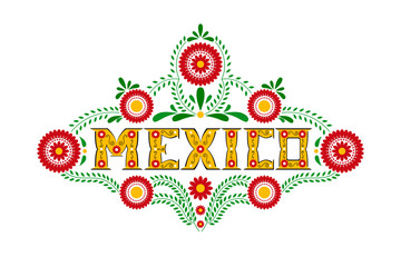Mexico typography party or travel banner vector. Mexican flowers embroidery ornament with yellow decorative floral letters on white background. Design for food label or tourism flyer card.