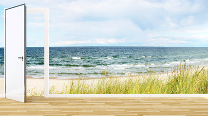 door open and beach view for artwork-3D Rendering