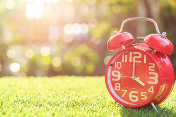 Red alarm clock on green grass with sunlight blur and bokeh background in morning time