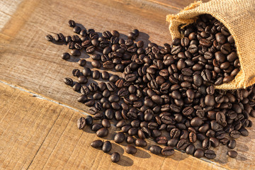Roasted coffee beans in small sack on wooden table. Outdoor shooting with sunlight and blur background