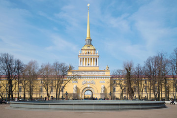 Facade of the main building of the Admiralty, sunny April day. Saint-Petersburg