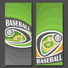 Vector vertical Banners for Baseball: 2 layouts for title on baseball theme, ball flying on curve trajectory above diamond base field, abstract banner for text on green background, sport invite ticket