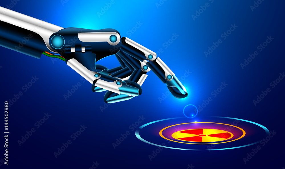 Poster the robot arm presses the index finger on the button with the icon of the nuclear danger
