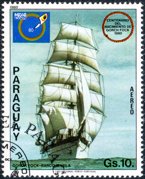 UKRAINE - CIRCA 2017: A postage stamp printed in Paraguai shows sailing ship Gorch Fock, from the series International stamps exhibitions - ship paintings, circa 1980