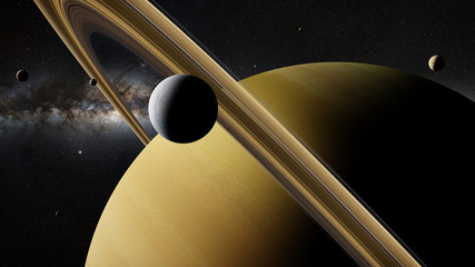 Saturn moon Enceladus in front of planet Saturn, rings, other moons and the Milky Way galaxy © dottedyeti