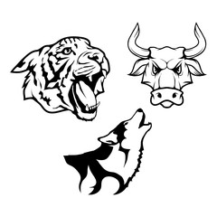 Vector set of black bull head, wolf head and Tiger head Isolated on white background. Animal logo