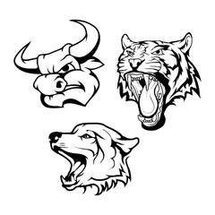 Vector set of black bull head, wolf head and Tiger head Isolated on white background. Animal logo