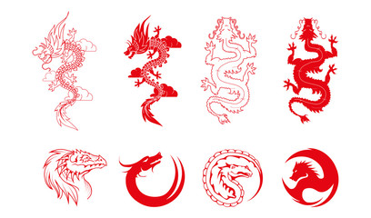 Vector set of red dragons and dragon logo Isolated on white background