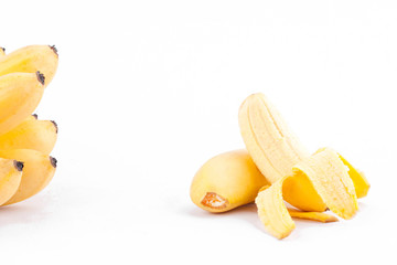half peeled egg banana and  ripe Golden bananas  on white background healthy Pisang Mas Banana fruit food isolated
