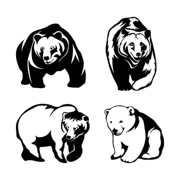 Vector set of black bears and bear logo Isolated on white background