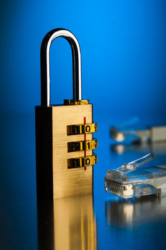 The concept of an encrypted Internet connection. Golden padlock.