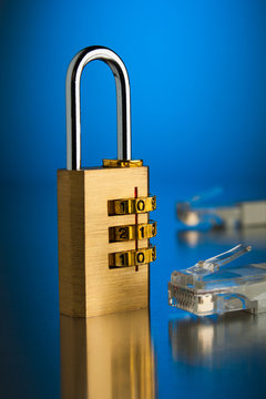The concept of an encrypted Internet connection. Golden padlock.