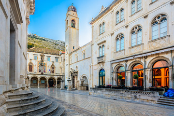 Square Dubrovnik town. / Marble view at historic old square in city center of town Dubrovnik, european travel destinations, Croatia. - obrazy, fototapety, plakaty