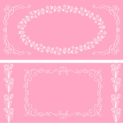 Template for greeting card, invitation with calligraphy frame and hand drawn floral brushes. Vector illustration in retro style.