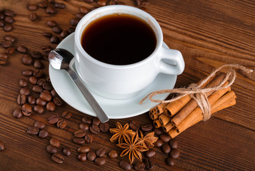Coffee beans. Good morning. Roasted coffee beans background close up. Coffee beans pile from top with copy space for text. Coffee house.