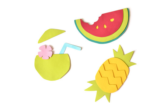 Tropical fruits paper cut on white background - isolated
