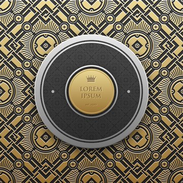 Round text banner template on golden metallic background with seamless geometric pattern. Elegant luxury style.