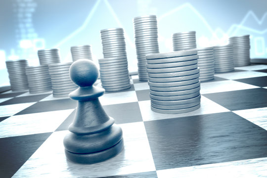 Finance concept: Chess pawn versus cash on a blue financial background