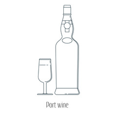Vector illustration of  alcoholic drinks in bottles and wine glasses on a white background. Line art.