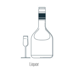 Vector illustration of  alcoholic drinks in bottles and wine glasses on a white background. Line art.