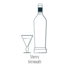 Vector illustration of  alcoholic drinks in bottles and wine glasses on a white background. Line art.