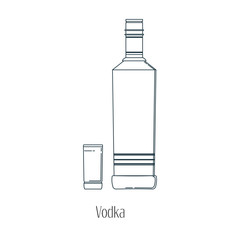 Vector illustration of  alcoholic drinks in bottles and wine glasses on a white background. Line art.