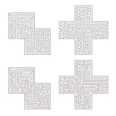 Two complicated labyrinths with red path of solution isolated on white