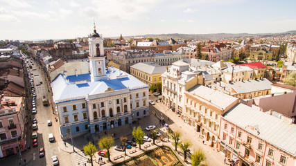 Chernivtsi main tower square from above Western Ukraine. Sunny day of the city.