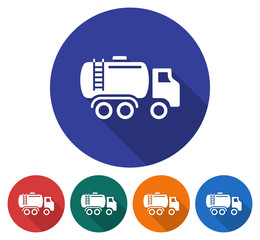 Round icon of fuel truck. Flat style illustration with long shadow in five variants background color