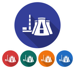 Round icon of thermal power plant. Flat style illustration with long shadow in five variants background color