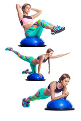 Young athletic woman doing exercise on bosu. Collage of different exercises. Training, yoga,...