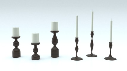 Different candles on white background