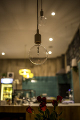 Glühbirne und Rosen in einer gemütlich eingerichtete Küche in einem kleinen Restaurant