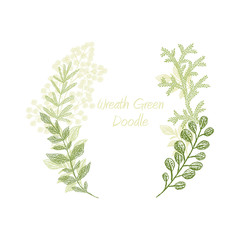 Green scribble branch frame vector, greeting card template. Floral card scetch. Hand drawn greenery leaf border