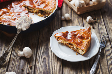 Hearty and delicious dinner, yeast dough cake with chicken, mushrooms, onions and spices on a dark rustic wooden background  