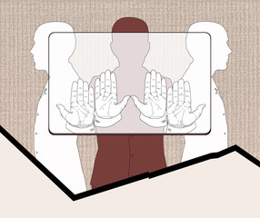 Bank card holders, Three silhouettes of men holding a provisional rectangle, according to the proportions corresponding to the bank plastic card. Linear drawing on a texture background