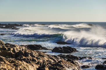 Waves of Atlantic Ocean seen Porto beach, Portugal