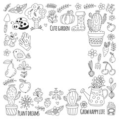 Cute vector garden with birds, cactus, plants, fruits, berries, gardening tools, rubberboots Garden market pattern in doodle style for coloring pages, coloring books