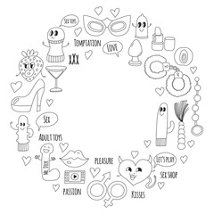 Doodle humorous vector sextoys for sex shop, internet shop Dildo, sex. love, passion, temptation, video, porn, humorous sex shop toys