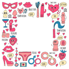 Doodle humorous vector sextoys for sex shop, internet shop Dildo, sex. love, passion, temptation, video, porn, humorous sex shop toys