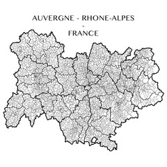 Detailed map of the region of Auvergne Rhone Alpes, France including all the administrative subdivisions (departments, arrondissements, cantons, and municipalities). Vector illustration