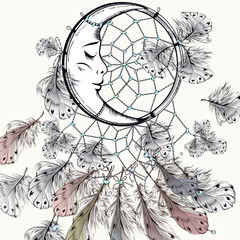 Boho tribal fashion illustration with dreamcatcher and feathers in pastel tones
