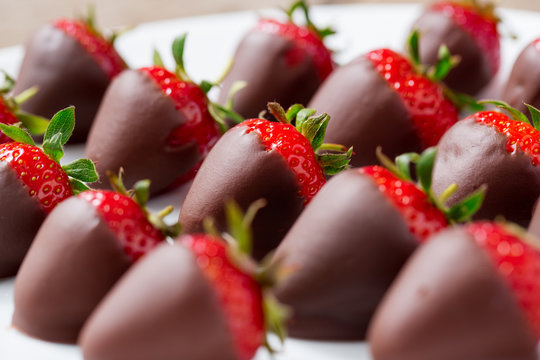 strawberries dipped in dark chocolate.
