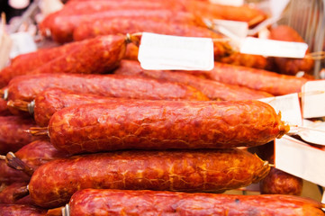 Sausages in a butcher shop window