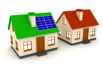 House with a solar panel and a house with a red roof. 3d illustration.