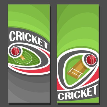 Vector Vertical Banners For Cricket Game: 2 Layouts For Title On Cricket Theme, Red Ball Flying On Curve Above Pitch Stadium, Abstract Simple Banner For Text On Green Background, Sports Invite Ticket.