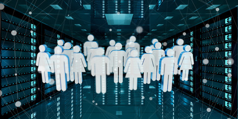 Group of people icons flying over server room data center 3D rendering