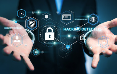 Businessman using antivirus to block a cyber attack 3D rendering