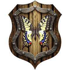 swallowtail butterfly on oak heraldic knight shield
