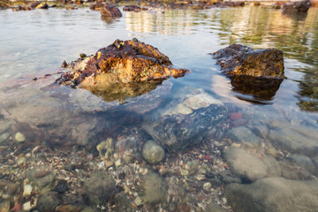 Beautiful nature, tropical beach with clear water, stones and reflection